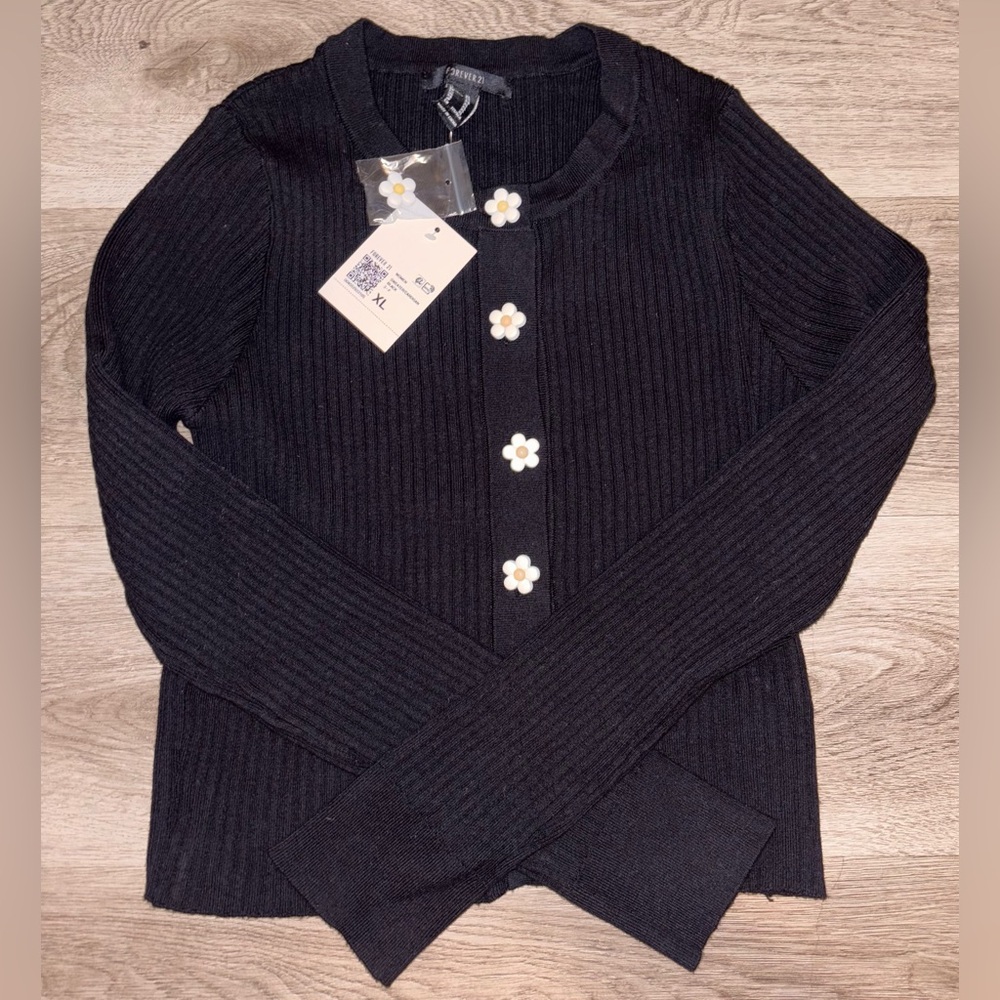 Forever 21 Black Cardigan with White Floral Buttons